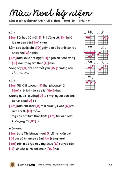 Hợp âm Mùa Noel kỷ niệm (Nguyễn Minh Anh) – bản nhạc PDF trang 1, tông Em