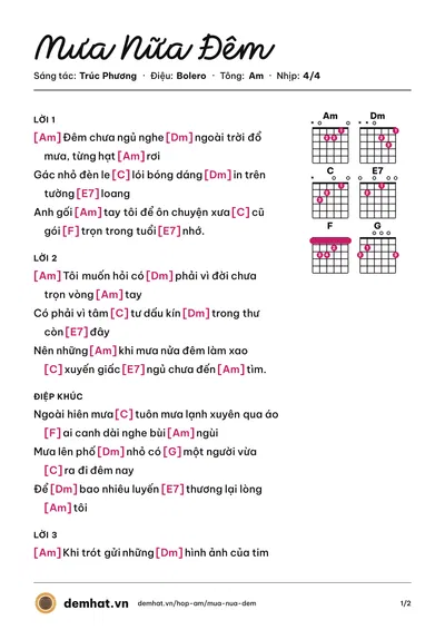 Hợp âm Mưa Nữa Đêm (Băng Tâm) – bản nhạc PDF trang 1, tông Am