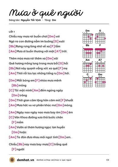 Hợp âm Mưa ở quê người (Nguyễn Tất Vịnh) – bản nhạc PDF trang 1, tông Dm