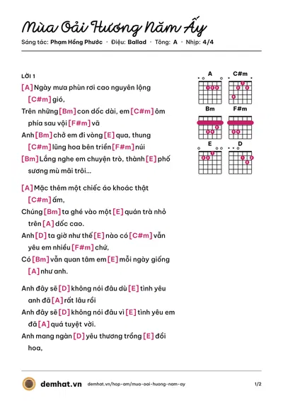 Hợp âm Mùa Oải Hương Năm Ấy (Phạm Hồng Phước) – bản nhạc PDF trang 1, tông A
