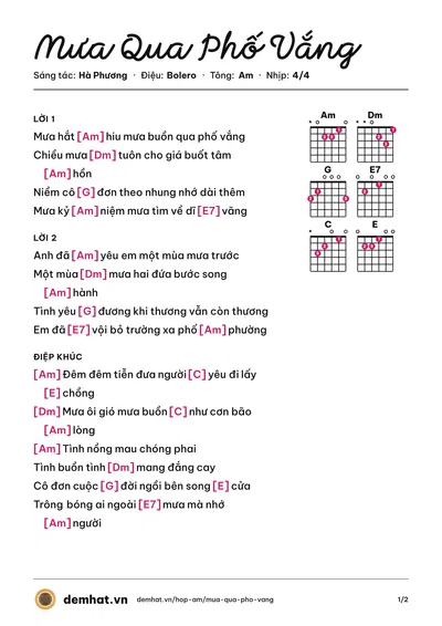 Hợp âm Mưa Qua Phố Vắng (Cẩm Ly) – bản nhạc PDF trang 1, tông Am