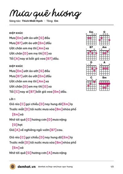 Hợp âm Mưa quê hương (Trung Hậu) – bản nhạc PDF trang 1, tông Em
