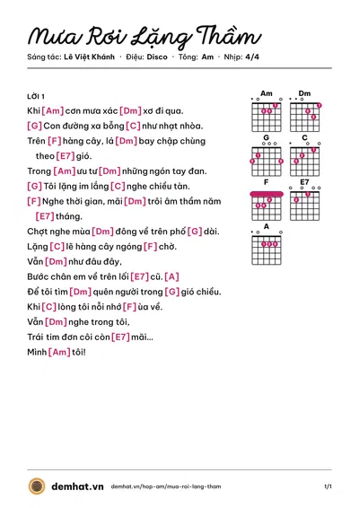 Hợp âm Mưa Rơi Lặng Thầm (M4U Band) – bản nhạc PDF trang 1, tông Am