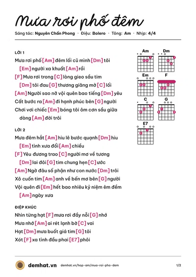 Hợp âm Mưa rơi phố đêm (Hoàng Châu) – bản nhạc PDF trang 1, tông Am