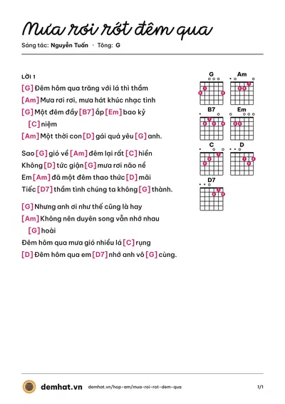 Hợp âm Mưa rơi rớt đêm qua (Thùy Dương) – bản nhạc PDF trang 1, tông G