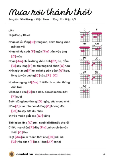 Hợp âm Mưa rơi thánh thót (Hà Thanh (trước 75)) – bản nhạc PDF trang 1, tông C