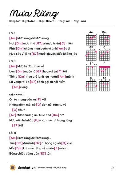 Hợp âm Mưa Rừng (Lệ Quyên) – bản nhạc PDF trang 1, tông Am
