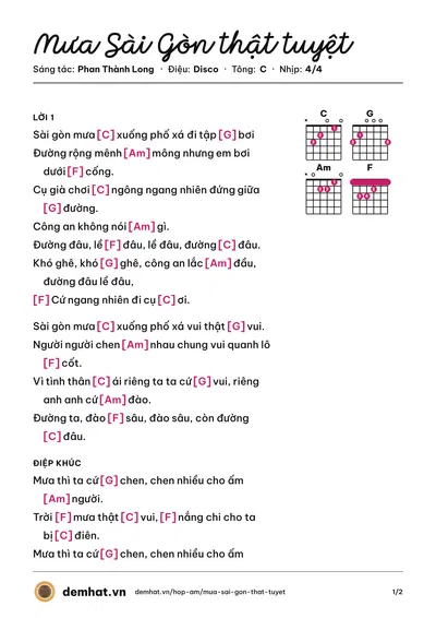 Hợp âm Mưa Sài Gòn thật tuyệt (Phan Thành Long) – bản nhạc PDF trang 1, tông C