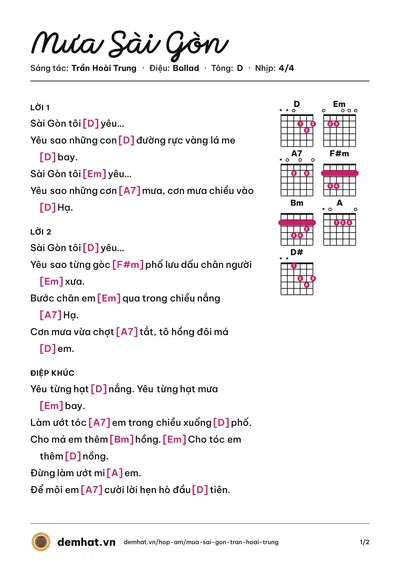 Hợp âm Mưa Sài Gòn (Minh Thảo) – bản nhạc PDF trang 1, tông D