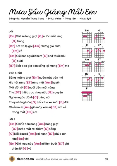 Hợp âm Mưa Sầu Giăng Mắt Em (Thanh Vân) – bản nhạc PDF trang 1, tông Em