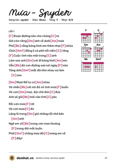 Hợp âm Mưa - Spyder (spyder) – bản nhạc PDF trang 1, tông F