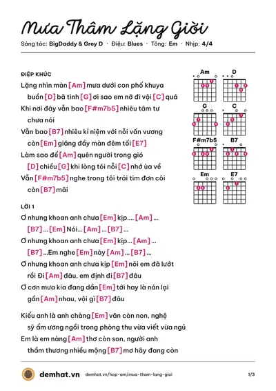Hợp âm Mưa Thâm Lặng Giời (BigDaddy) – bản nhạc PDF trang 1, tông Em