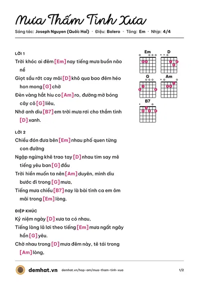 Hợp âm Mưa Thấm Tình Xưa (Hà Vân) – bản nhạc PDF trang 1, tông Em