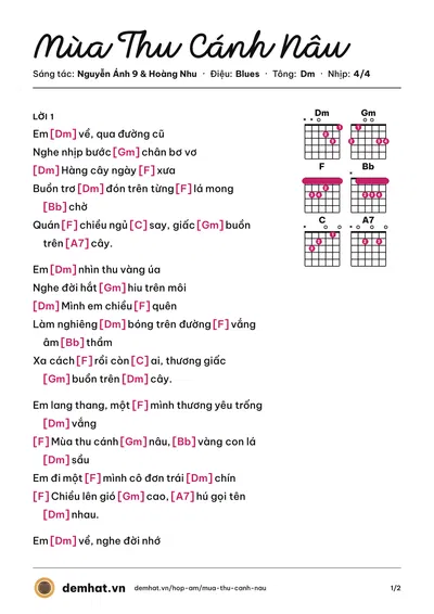 Hợp âm Mùa Thu Cánh Nâu (Khánh Ly) – bản nhạc PDF trang 1, tông Dm