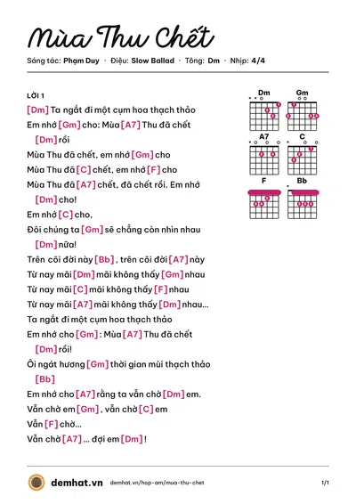 Hợp âm Mùa Thu Chết (Lệ Thu) – bản nhạc PDF trang 1, tông Dm