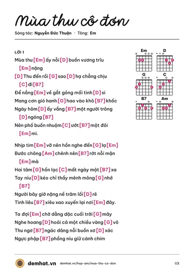 Hợp âm Mùa thu cô đơn (Xuân Mai) – bản nhạc PDF trang 1, tông Em