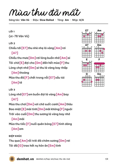 Hợp âm Mùa thu đã mất (Văn Vũ) – bản nhạc PDF trang 1, tông Am