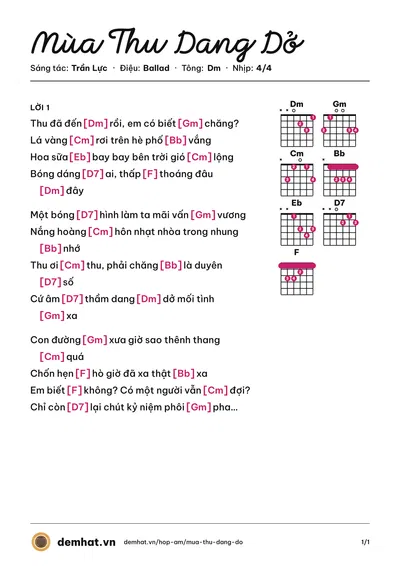 Hợp âm Mùa Thu Dang Dở (Trần Lực) – bản nhạc PDF trang 1, tông Dm