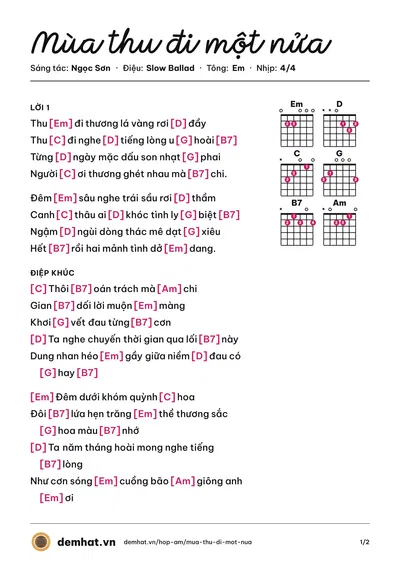 Hợp âm Mùa thu đi một nửa (Clara Ngo) – bản nhạc PDF trang 1, tông Em