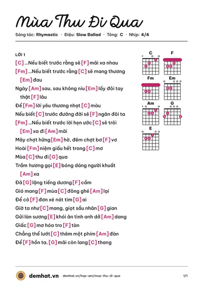 Hợp âm Mùa Thu Đi Qua (Rhymastic) – bản nhạc PDF trang 1, tông C