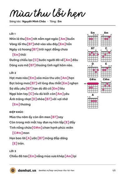 Hợp âm Mùa thu lỗi hẹn (Thu Hương) – bản nhạc PDF trang 1, tông Em
