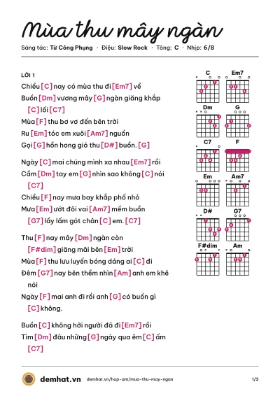 Hợp âm Mùa thu mây ngàn (Khánh Ly) – bản nhạc PDF trang 1, tông C