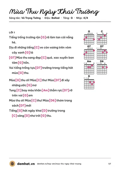Hợp âm Mùa Thu Ngày Khai Trường (Vũ Trọng Tường) – bản nhạc PDF trang 1, tông G