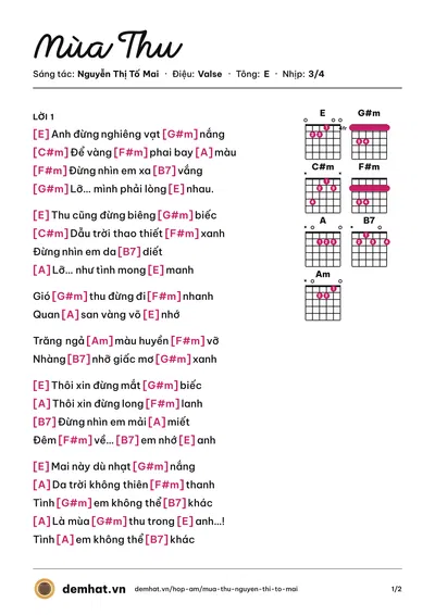 Hợp âm Mùa Thu (Nguyễn Thị Tố Mai) – bản nhạc PDF trang 1, tông E