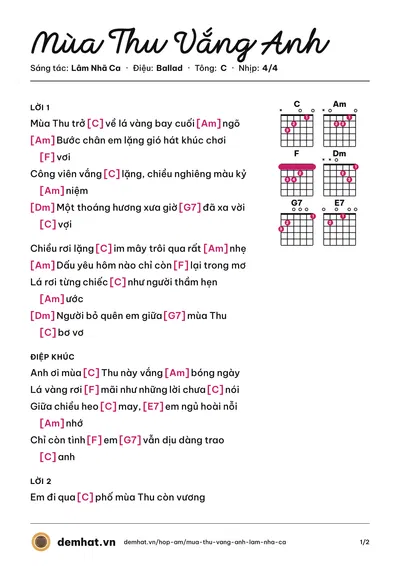 Hợp âm Mùa Thu Vắng Anh (Lâm Nhã Ca) – bản nhạc PDF trang 1, tông C