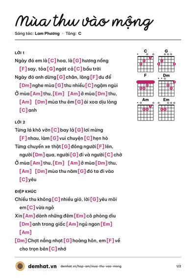 Hợp âm Mùa thu vào mộng (Lưu Hồng) – bản nhạc PDF trang 1, tông C