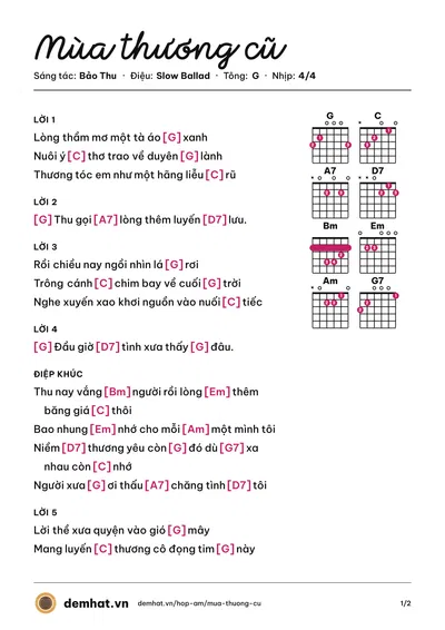 Hợp âm Mùa thương cũ (Thái Thanh (trước 75)) – bản nhạc PDF trang 1, tông G