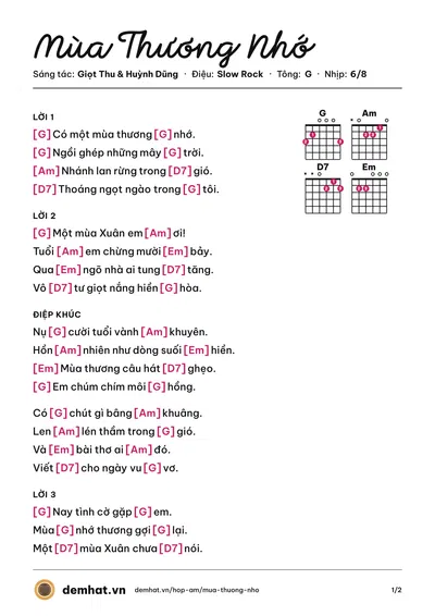 Hợp âm Mùa Thương Nhớ (Huỳnh Dũng) – bản nhạc PDF trang 1, tông G