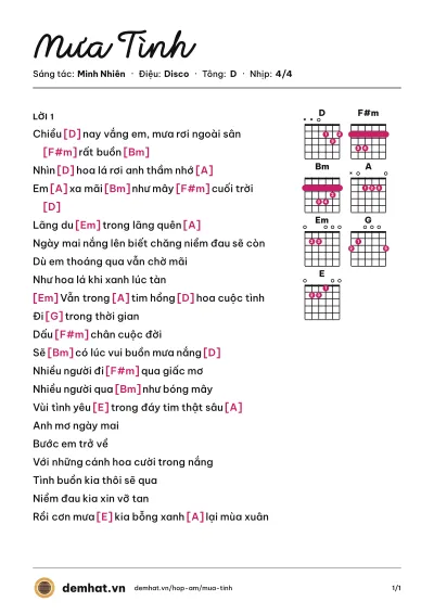 Hợp âm Mưa Tình (Lam Trường) – bản nhạc PDF trang 1, tông D