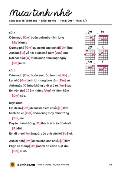 Hợp âm Mưa tình nhớ (Tô Vũ Hoàng) – bản nhạc PDF trang 1, tông Dm