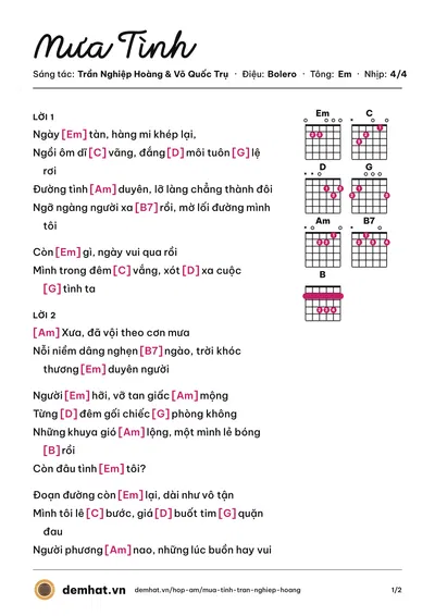 Hợp âm Mưa Tình (Hamlet Trương) – bản nhạc PDF trang 1, tông Em