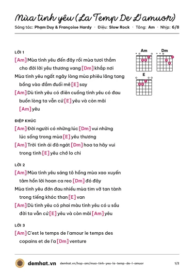 Hợp âm Mùa tình yêu (La Temp De L'amuor) (Kiều Nga) – bản nhạc PDF trang 1, tông Am