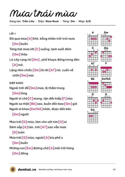 Hợp âm Mưa trái mùa (Nguyễn Lương Ký) – bản nhạc PDF trang 1, tông Dm