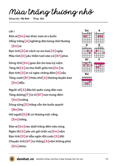 Hợp âm Mùa trăng thương nhớ (Hà Vân) – bản nhạc PDF trang 1, tông Em