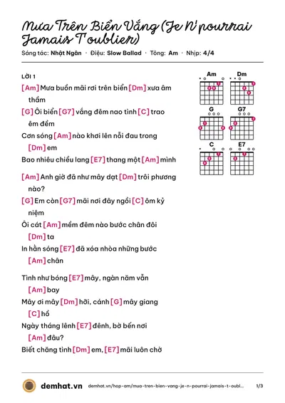 Hợp âm Mưa Trên Biển Vắng (Je N'pourrai Jamais T'oublier) (Ngọc Lan) – bản nhạc PDF trang 1, tông Am