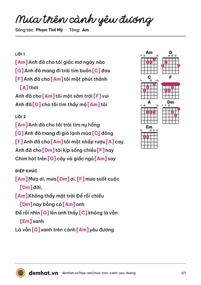 Hợp âm Mưa trên cành yêu đương (Lệ Thu (trước 75)) – bản nhạc PDF trang 1, tông Am