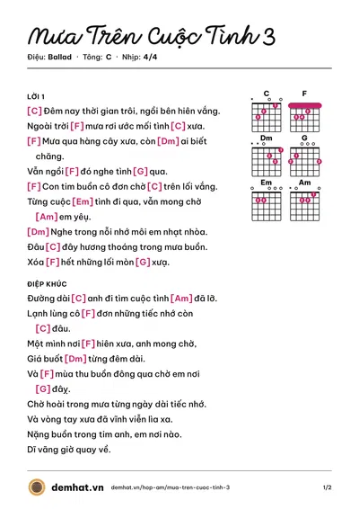 Hợp âm Mưa Trên Cuộc Tình 3 (Đan Trường) – bản nhạc PDF trang 1, tông C
