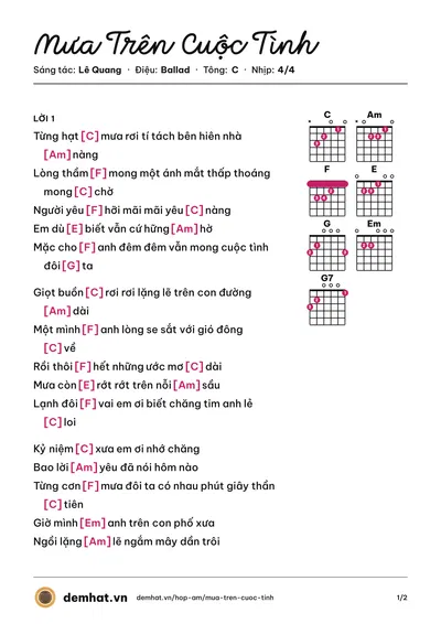 Hợp âm Mưa Trên Cuộc Tình (Đan Trường) – bản nhạc PDF trang 1, tông C