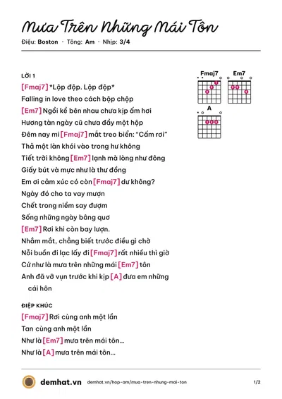 Hợp âm Mưa Trên Những Mái Tôn (Đen Vâu) – bản nhạc PDF trang 1, tông Am