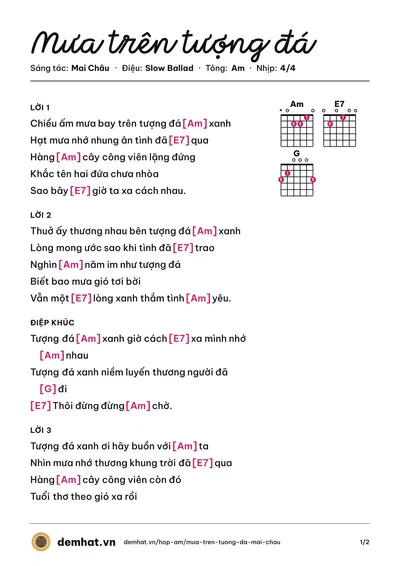 Hợp âm Mưa trên tượng đá (Mai Châu) – bản nhạc PDF trang 1, tông Am
