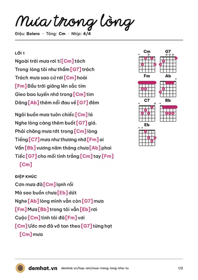 Hợp âm Mưa trong lòng (Khả Tú) – bản nhạc PDF trang 1, tông Cm