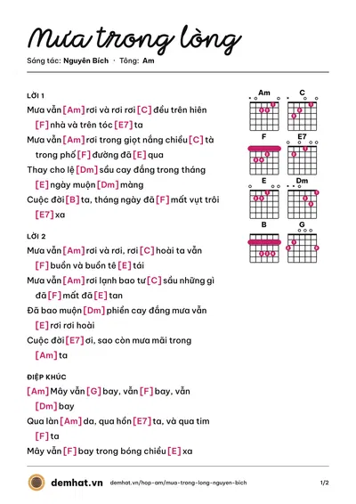 Hợp âm Mưa trong lòng (Vũ Khanh) – bản nhạc PDF trang 1, tông Am