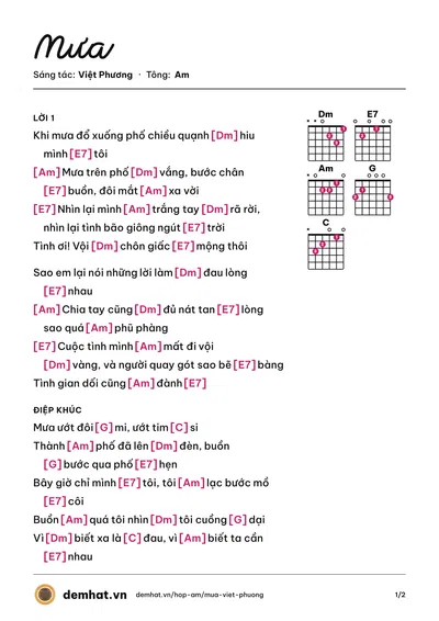 Hợp âm Mưa (Nguyễn Quang) – bản nhạc PDF trang 1, tông Am