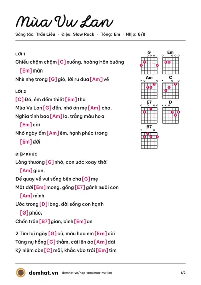 Hợp âm Mùa Vu Lan (Nguyễn Lương Ký) – bản nhạc PDF trang 1, tông Em