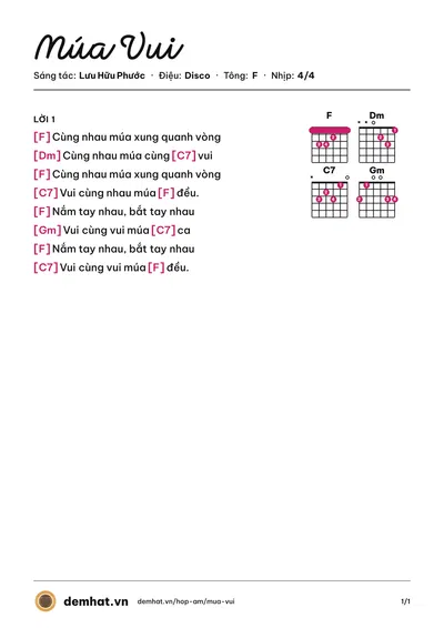 Hợp âm Múa Vui (Lưu Hữu Phước) – bản nhạc PDF trang 1, tông F