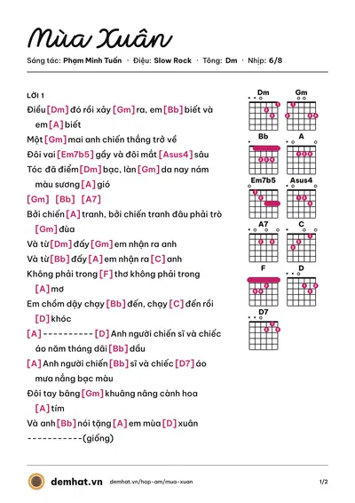 Hợp âm Mùa Xuân (Cẩm Vân Phạm) – bản nhạc PDF trang 1, tông Dm